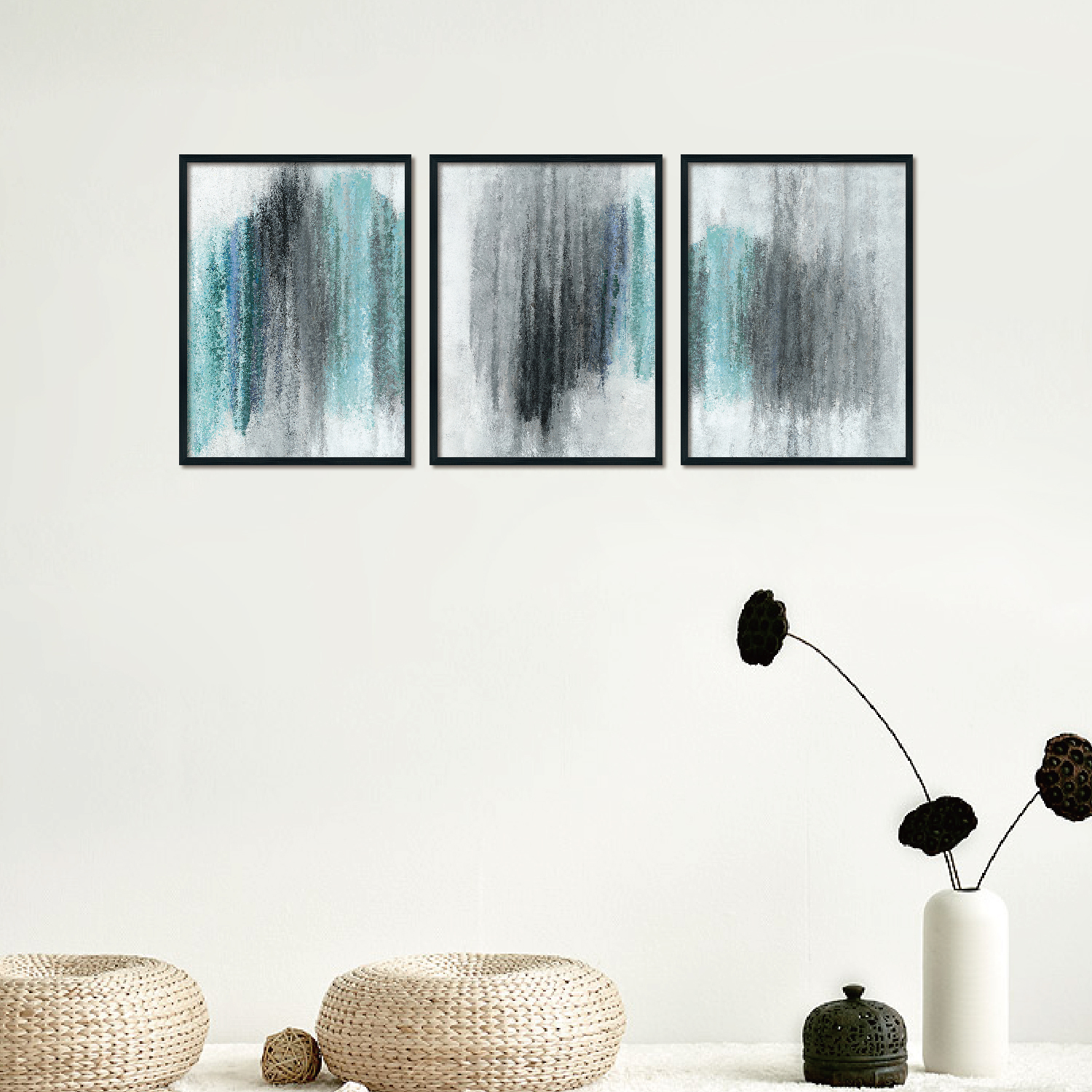 Triplet Wood Frame decorative painting (blue and black ink)