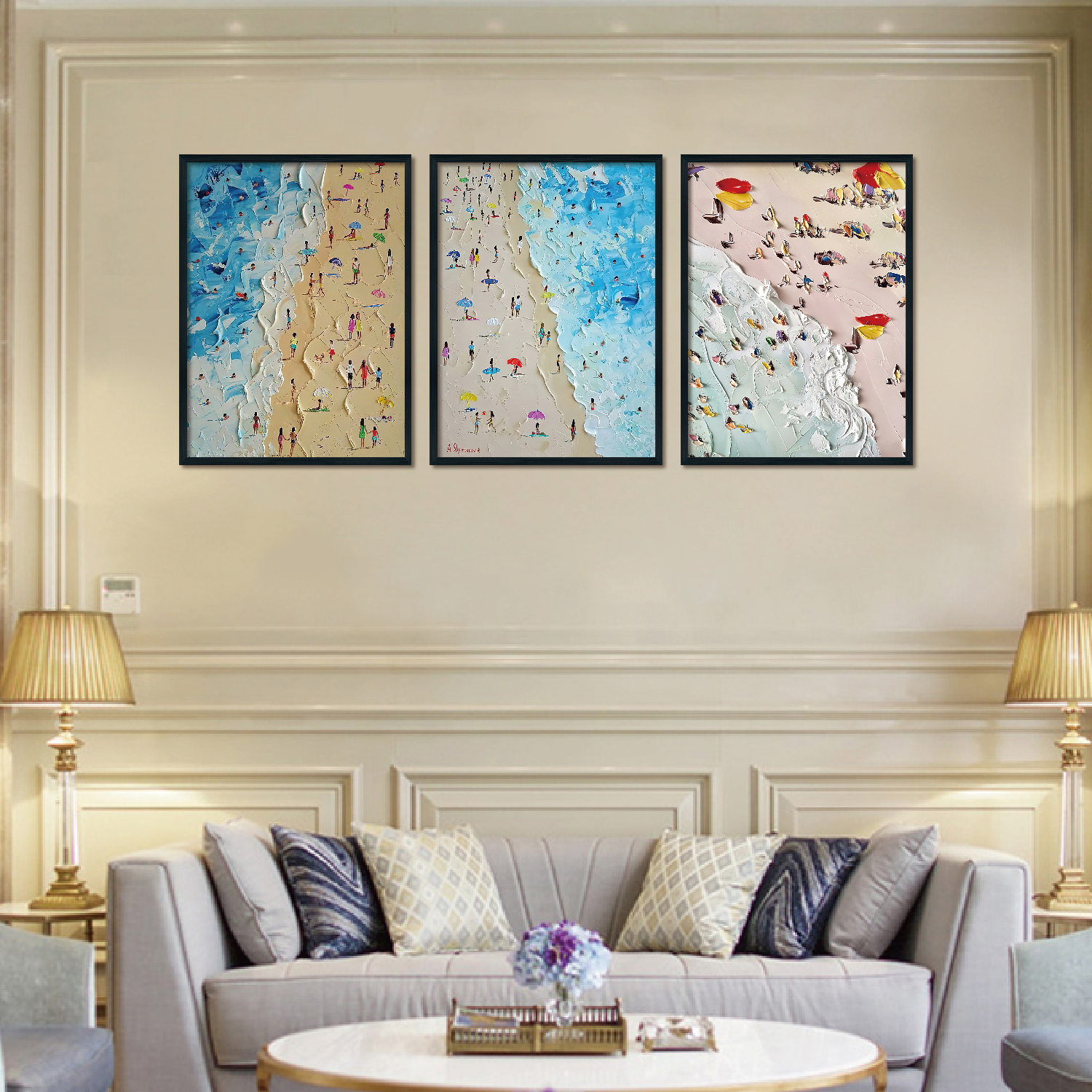 Triplet Wood Frame Decorative Painting (Blue oil painting Beach)